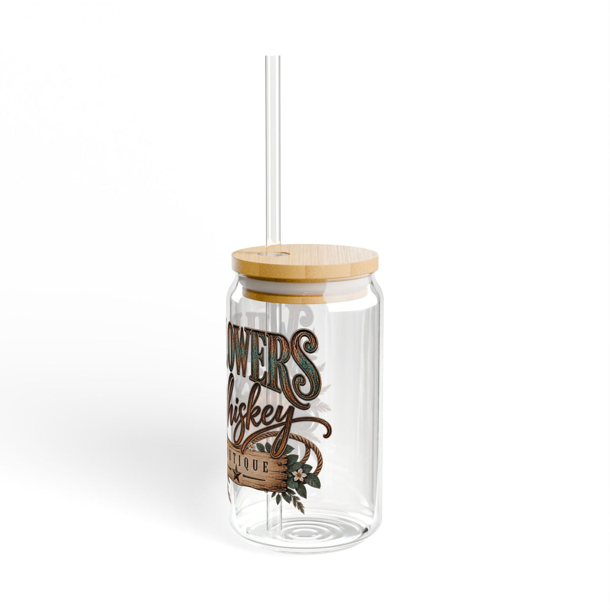 Sunflower & Whiskey Sipper Glass — 16oz Rustic Floral Drink Jar with Straw