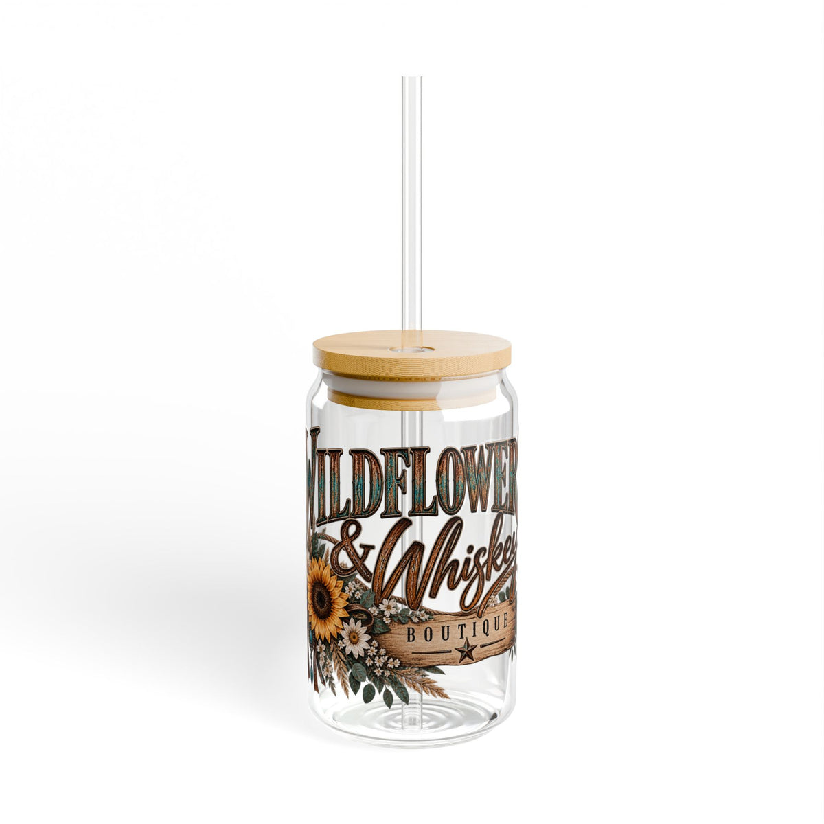 Sunflower & Whiskey Sipper Glass — 16oz Rustic Floral Drink Jar with Straw