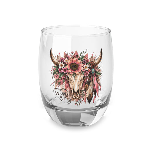 Boho Bull Skull Whiskey Glass — Floral Southwestern Stemless Rocks Glass