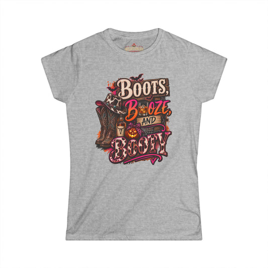 Halloween 'Boots, Booze & Booty' Women's Tee — Spooky Party Shirt