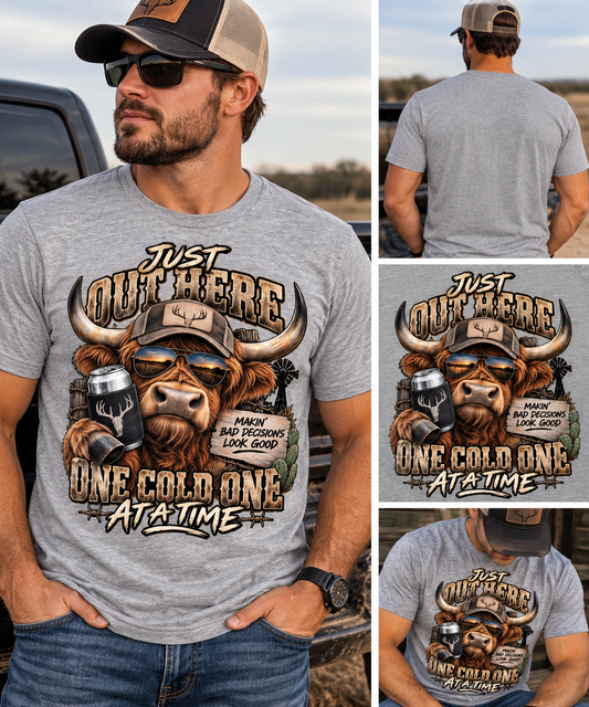 Just Out There – One Cold One at a Time | Men’s Western Graphic Tee