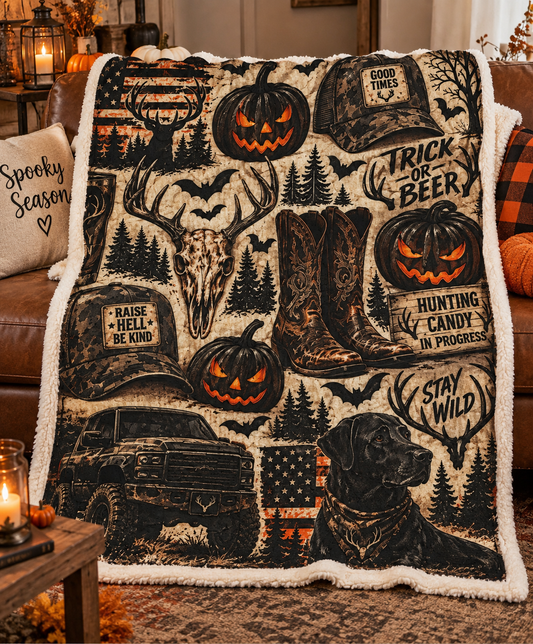 Halloween Hunting Sherpa Blanket — Trick or Beer Pumpkin & Boots Fleece Throw