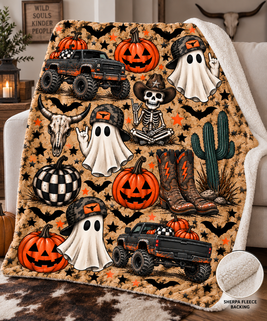 Halloween Desert Truck Sherpa Blanket — Spooky Ghosts, Pumpkins & Cowboy Vibe