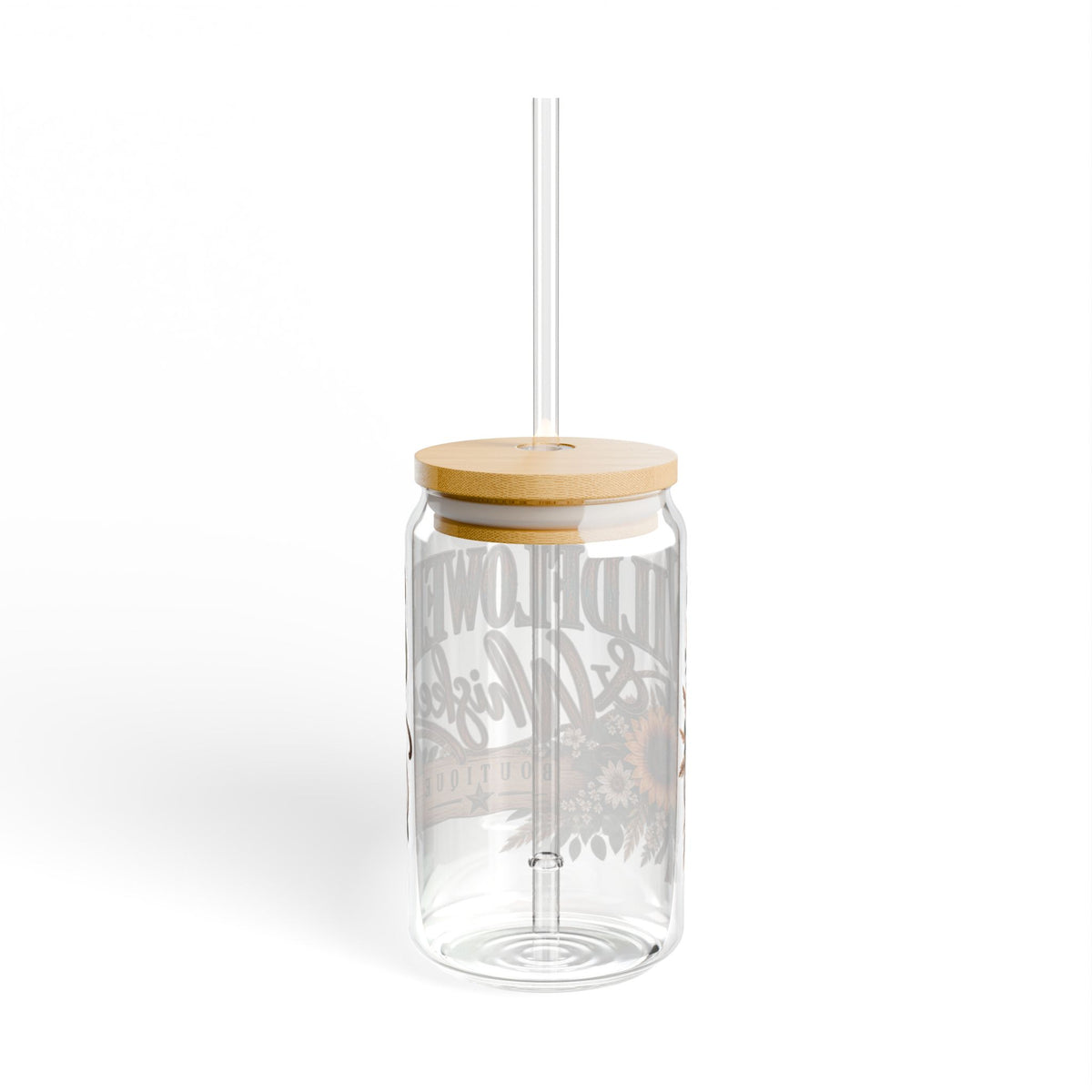 Sunflower & Whiskey Sipper Glass — 16oz Rustic Floral Drink Jar with Straw