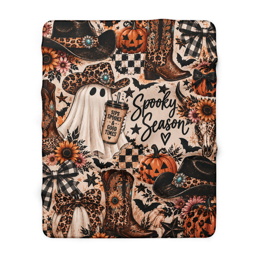 Spooky Season Sherpa Blanket – Halloween Ghost, Pumpkins & Cowgirl Cozy Throw