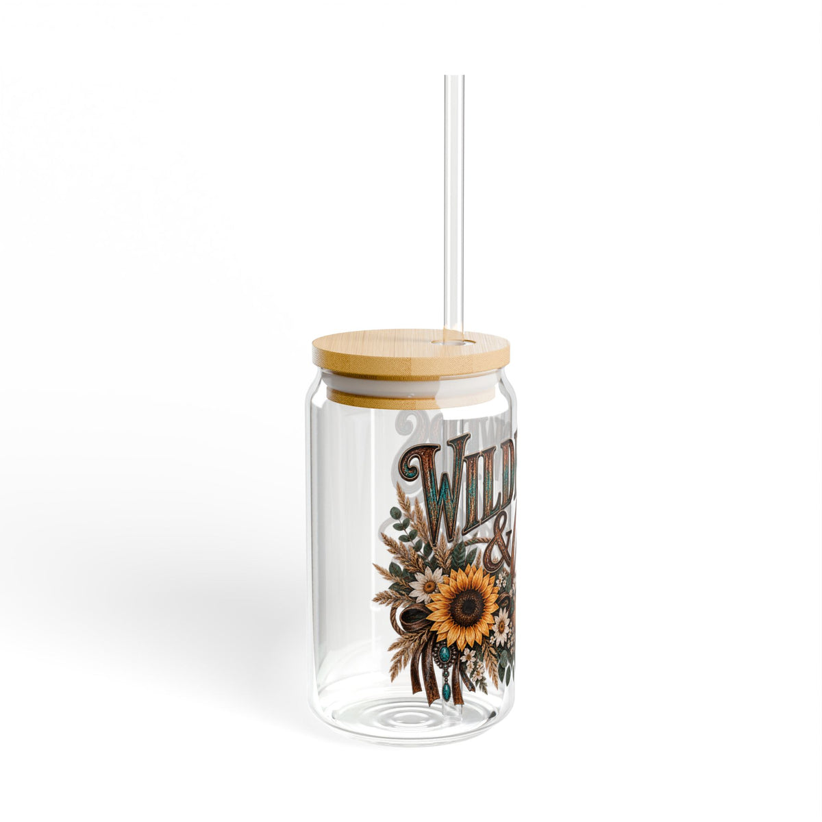 Sunflower & Whiskey Sipper Glass — 16oz Rustic Floral Drink Jar with Straw
