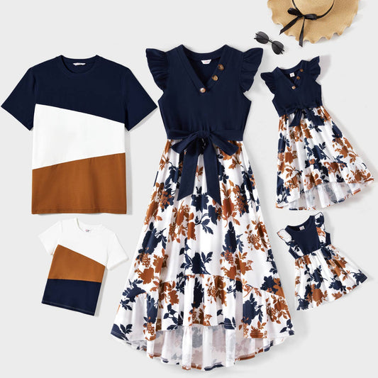 Family Matching Short-sleeve Colorblock T-shirts & Dresses