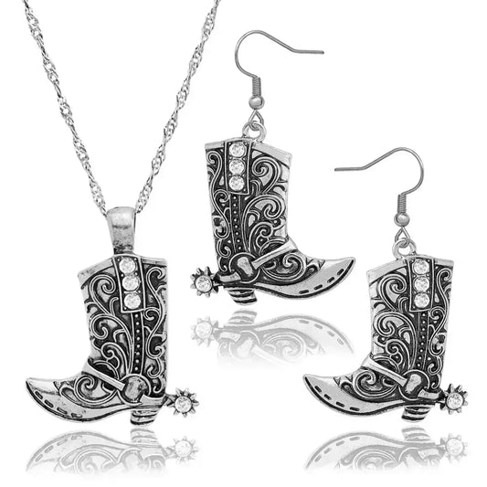 Cowgirl Boot Pendant, Earrings Necklace Set, Cowboy boots with Spurs