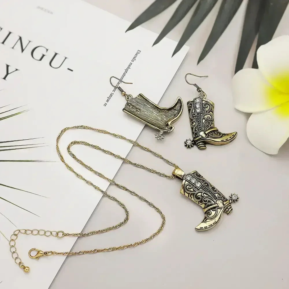 Cowgirl Boot Pendant, Earrings Necklace Set, Cowboy boots with Spurs
