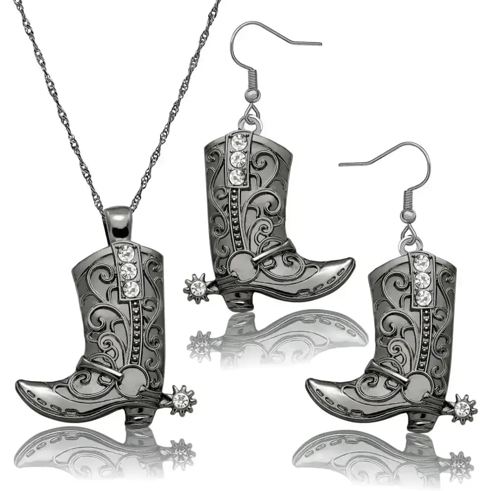 Cowgirl Boot Pendant, Earrings Necklace Set, Cowboy boots with Spurs