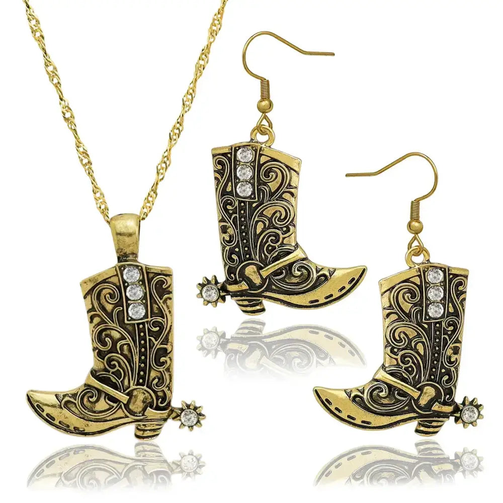 Cowgirl Boot Pendant, Earrings Necklace Set, Cowboy boots with Spurs