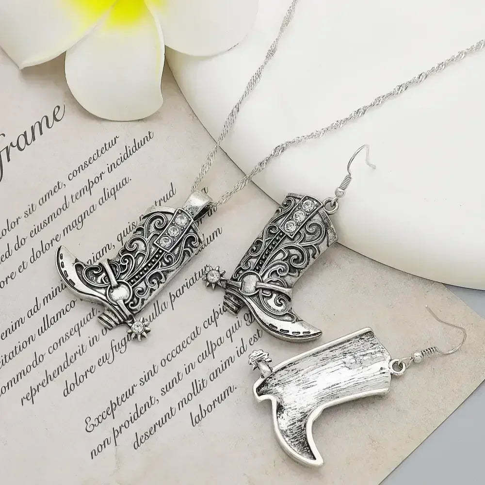 Cowgirl Boot Pendant, Earrings Necklace Set, Cowboy boots with Spurs