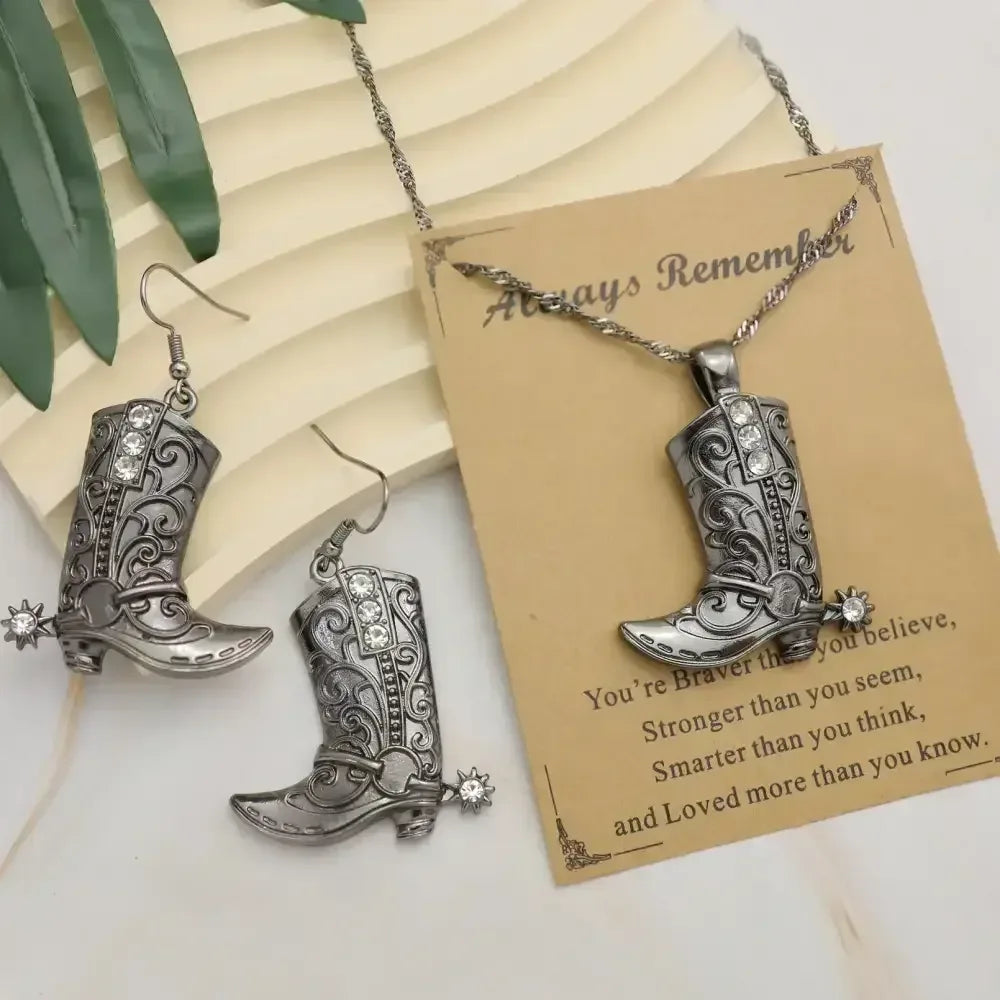 Cowgirl Boot Pendant, Earrings Necklace Set, Cowboy boots with Spurs