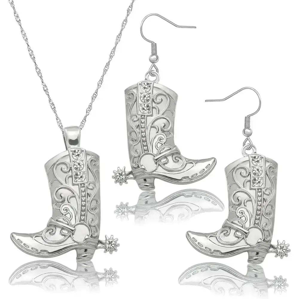 Cowgirl Boot Pendant, Earrings Necklace Set, Cowboy boots with Spurs
