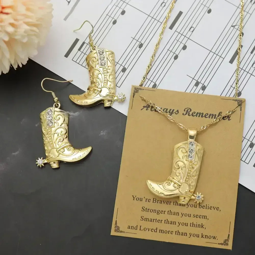 Cowgirl Boot Pendant, Earrings Necklace Set, Cowboy boots with Spurs