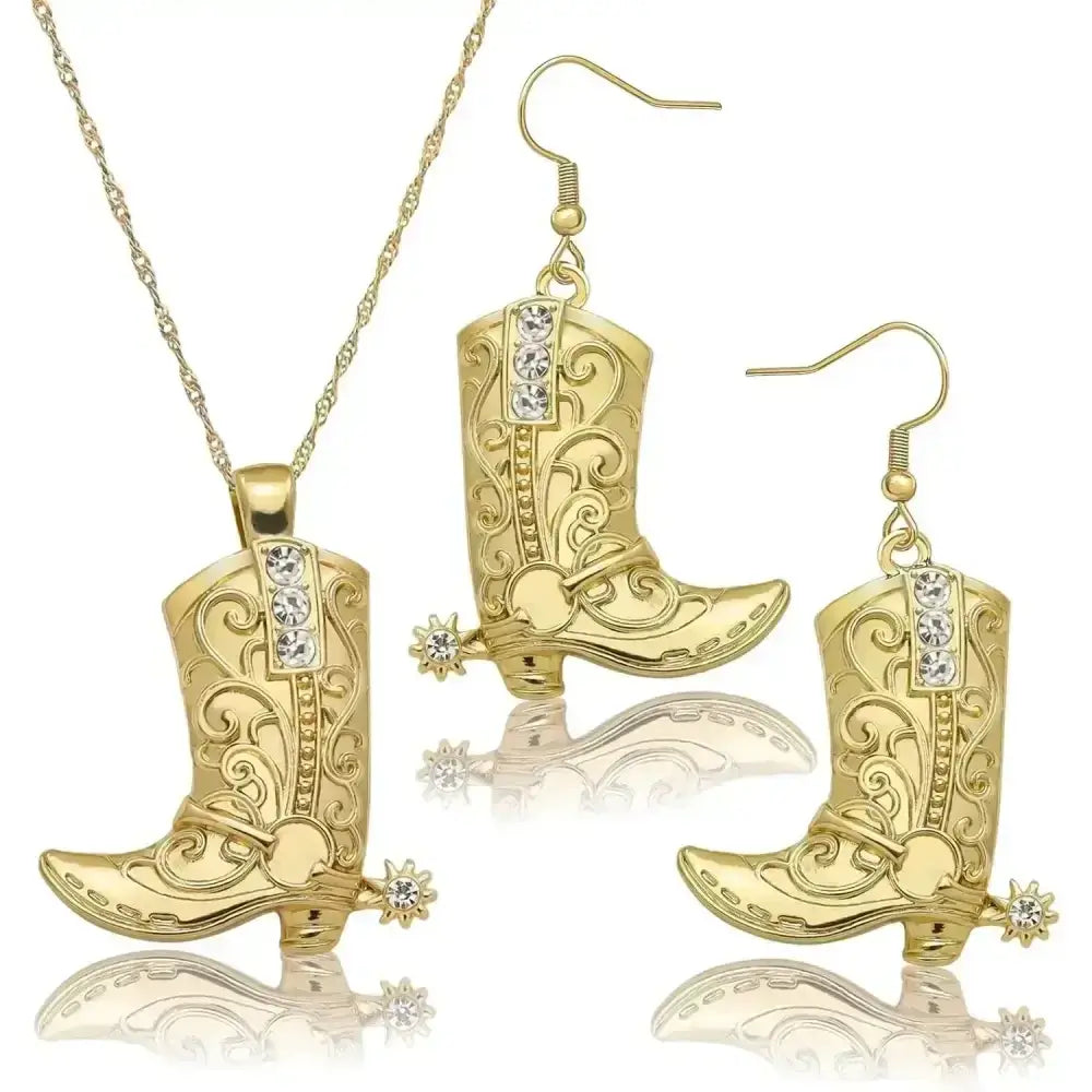 Cowgirl Boot Pendant, Earrings Necklace Set, Cowboy boots with Spurs