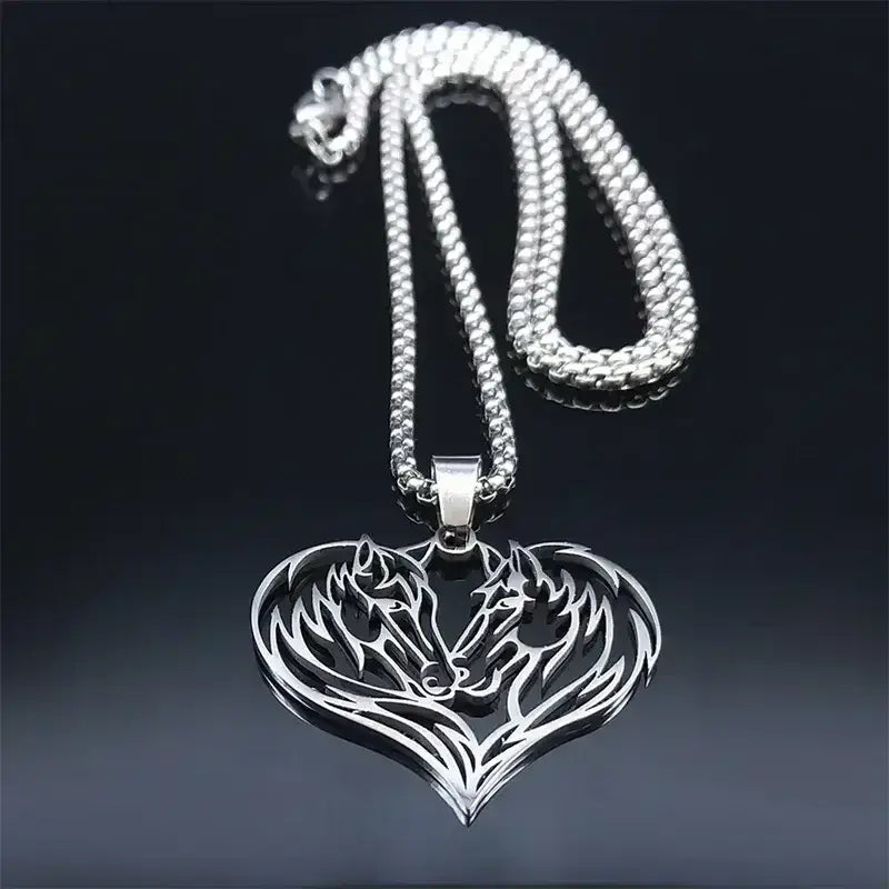 Horse Love Pendant, Stainless Steel Heart Shaped Necklace Jewelry